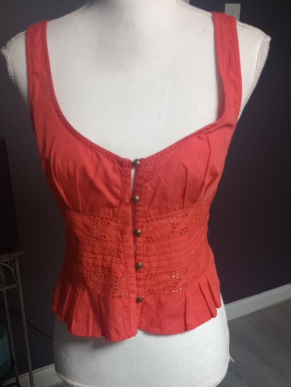 Free People Red Cropped Eyelet Button-Front Camisole
